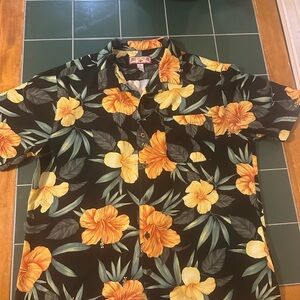 Caribbean Joe XL Rayon Floral Hawaiian Black Yellow Short Sleeve Button-Up Shirt